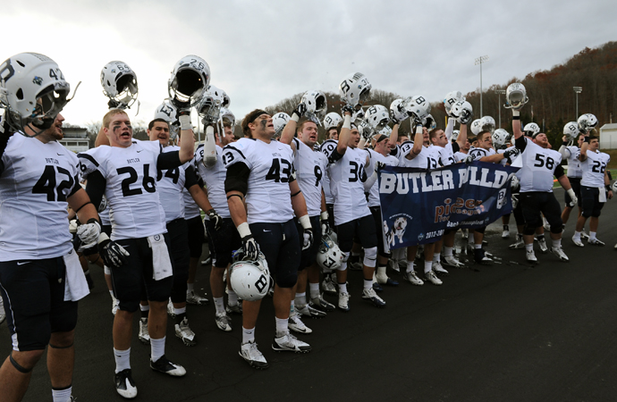 Butler celebrates its back-to-back PFL titles after the game at Morehead State, Saturday. (Photo by Larry Gooding, courtesy MSU Athletic Media Relations))